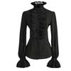 Gothic Lolita Long Sleeve Ruffles Solid Black White Tops Shirt for Women Vintage Victorian Ruched Lace Shirts and Blouses