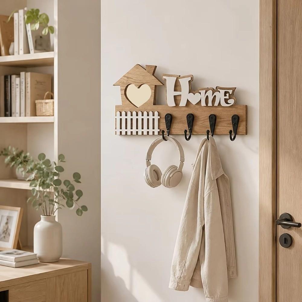 Vintage Wall-Mounted Key Holder 4 Hooks Key and Accessory Hanger Creative Wooden Key Hook Office