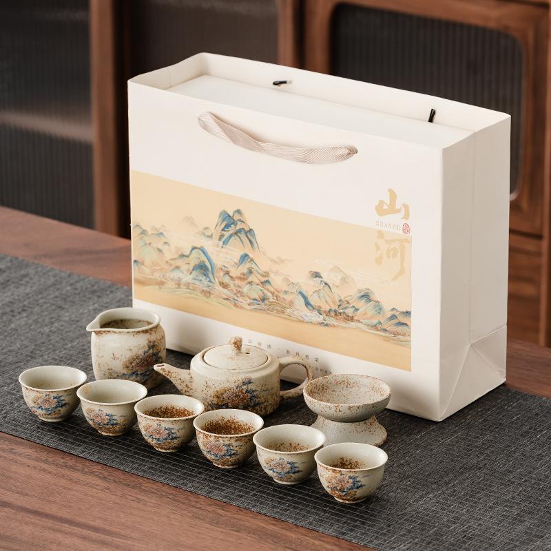 Tea set Blue and white flint red Xishi pot High-end ceramic teapot cover bowl teacup Portable tea making small set