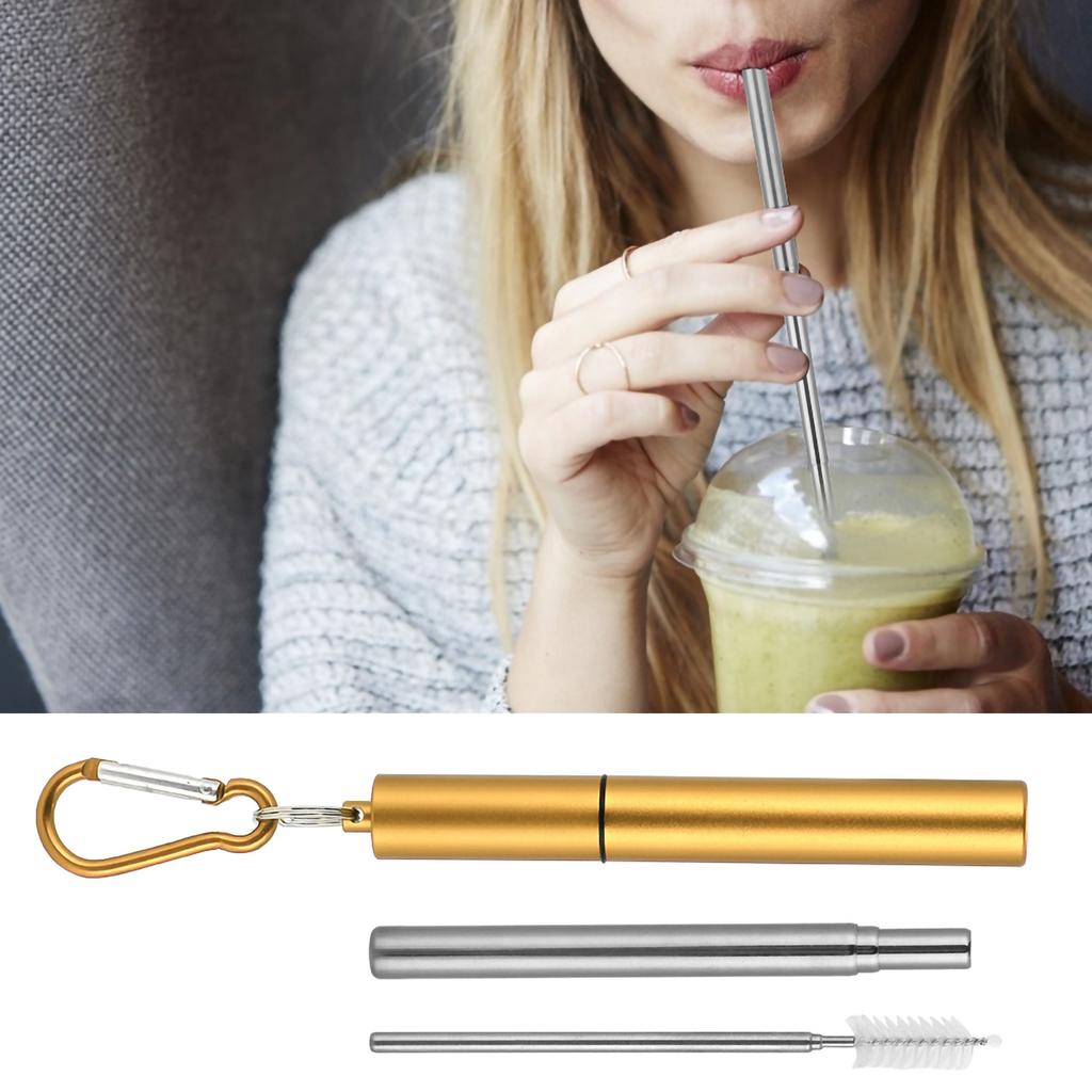 Выдвижной многоразовый комплект из нержавеющей стали(Золотой алюминиевый корпус соломинка + карабин с щеткой )
