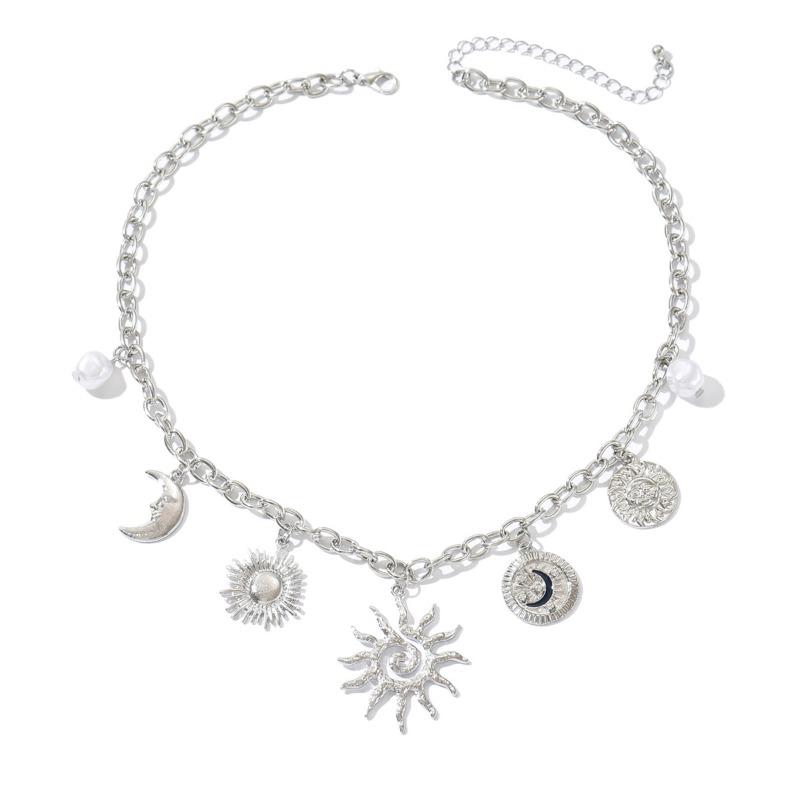 Sun Ray Necklace Vintage Alloy Accessories Spiral Personality Relief Portrait Moon Collarbone Chain Woman