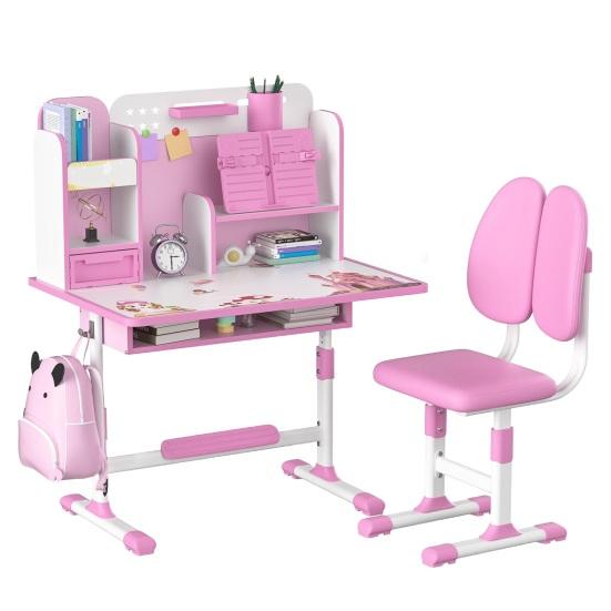 2Pcs/Set Kids Study Desk Chair Set Height Adjustable Study Table Chair Set with Sitting Corrector Ergonomic Desk Chair with Book Stand (Pink, Blue)