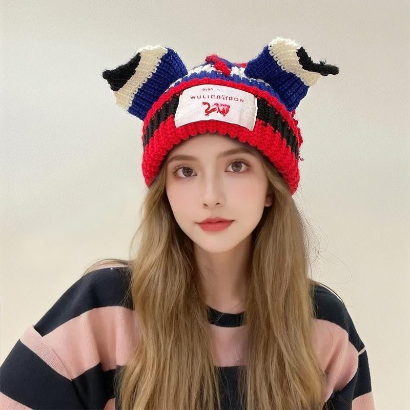1PC Spliced Colors Fashionable Knitted Hat Keep Warm Gathering Take Photos Pig Ears Thickened Cute Festival New Style