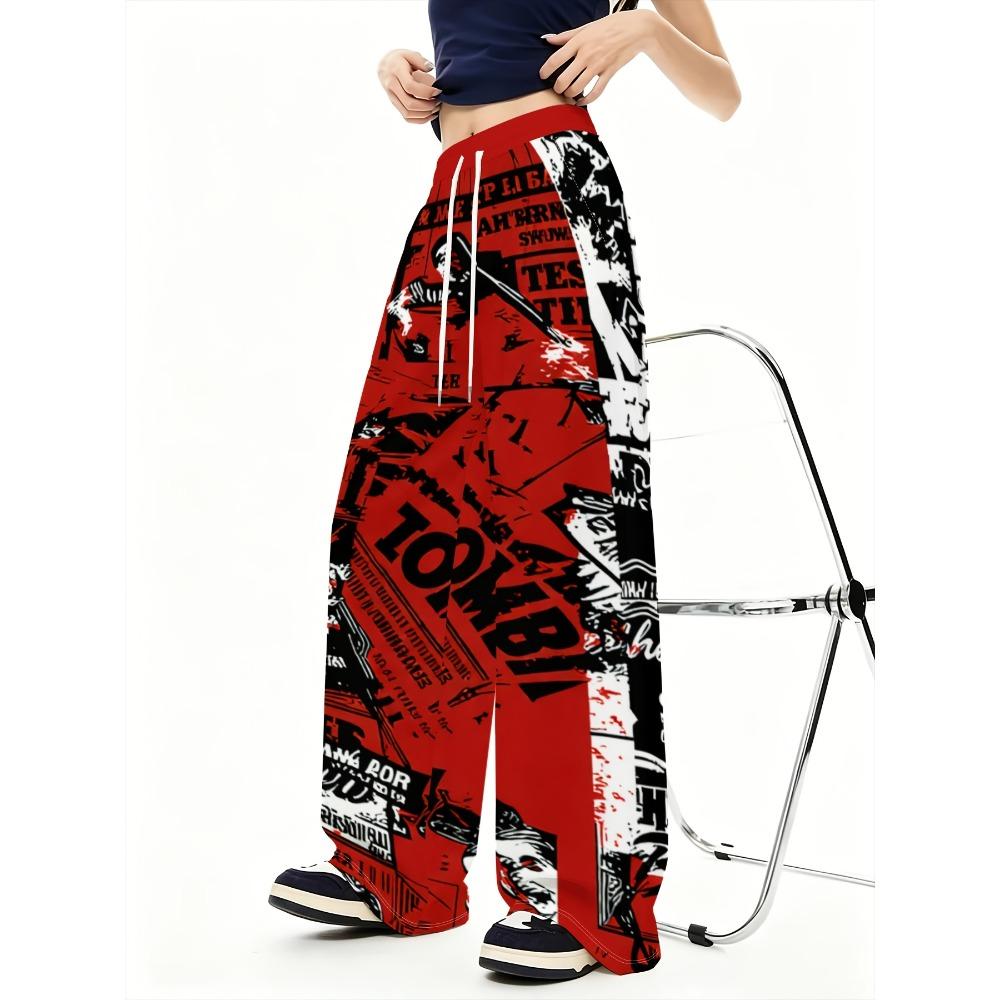 Women's Vintage Graffiti Wide Leg Pants, Slogan Print - Elastic Drawstring Waist Straight Pants