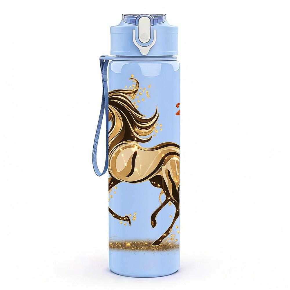 1PC 2026 Folk Style Horse Art Print 750ml Color Plastic Sports Water Bottle Leakproof Flip Straw Lid Suitable for Sports Office Home Use