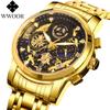 WWOOR New Fashion Design Mens Watches Top Brand Luxury Gold Stainless Steel Waterproof Sports Chronograph Relogio Masculino