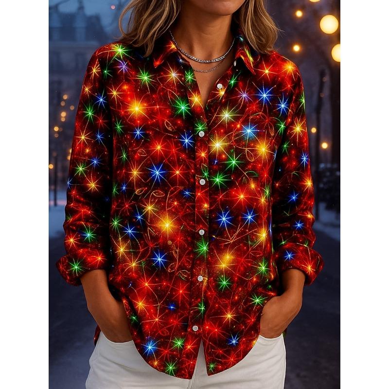Женские повседневные рубашки с длинным рукавом на рождественскую тематику, 3D-печать в виде снежинок, рождественские блузки для вечеринки, топы на пуговицах для женщин