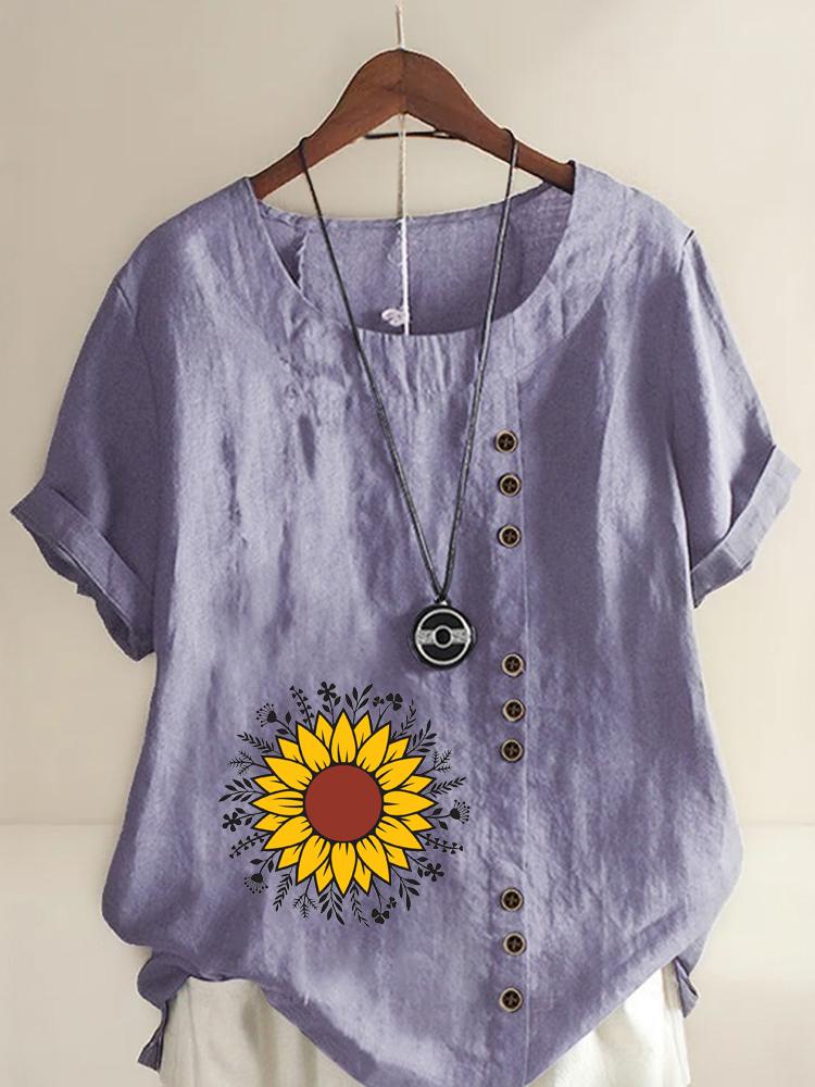 Women's Fashion Sunflower Flowers Print Shot Sleeve T-shirt Loose Cotton Shirt Casual Loose Summer Blouse Tops Plus Size