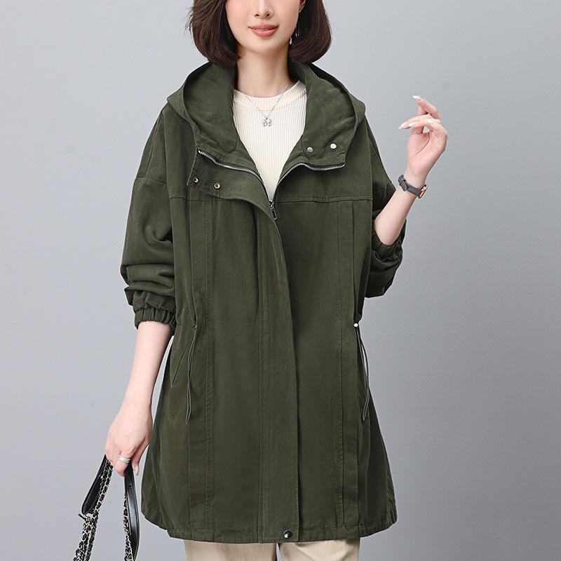 Women's Mid-Length Hooded Trench Coat, Spring/Autumn 2024: Pure Cotton, Long-Sleeve, Casual Workwear, Slimming Plus Size.