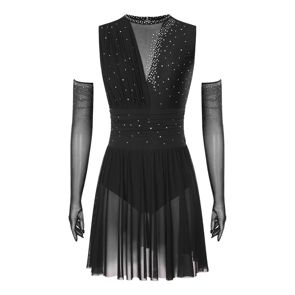 Женское платье для фигурного катания, длинные перчатки, без рукавов, с блестящими стразами, с вырезом на спине, юбка-купальник