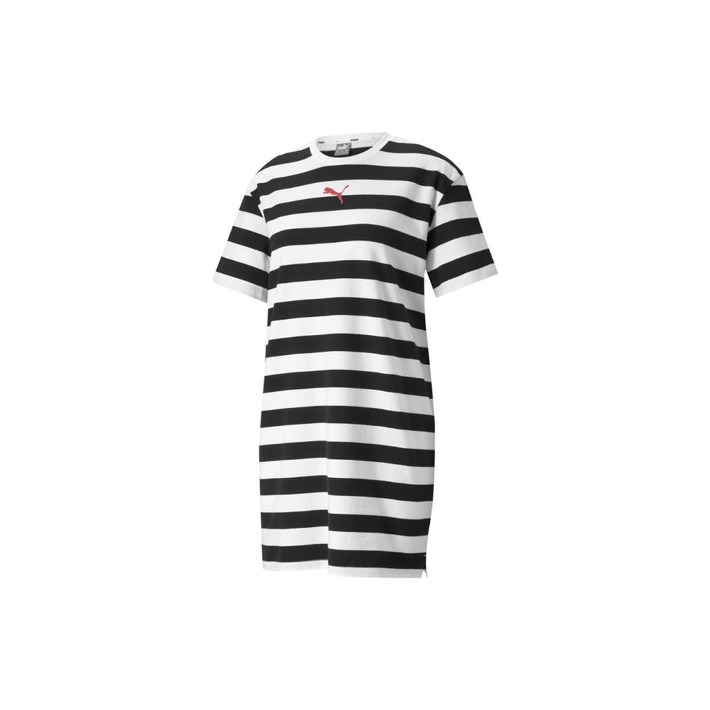 Puma Summer Breathable A-Line Striped All-Over Print Round Neck Short Sleeve Dress Women Dresses Black 845867-01