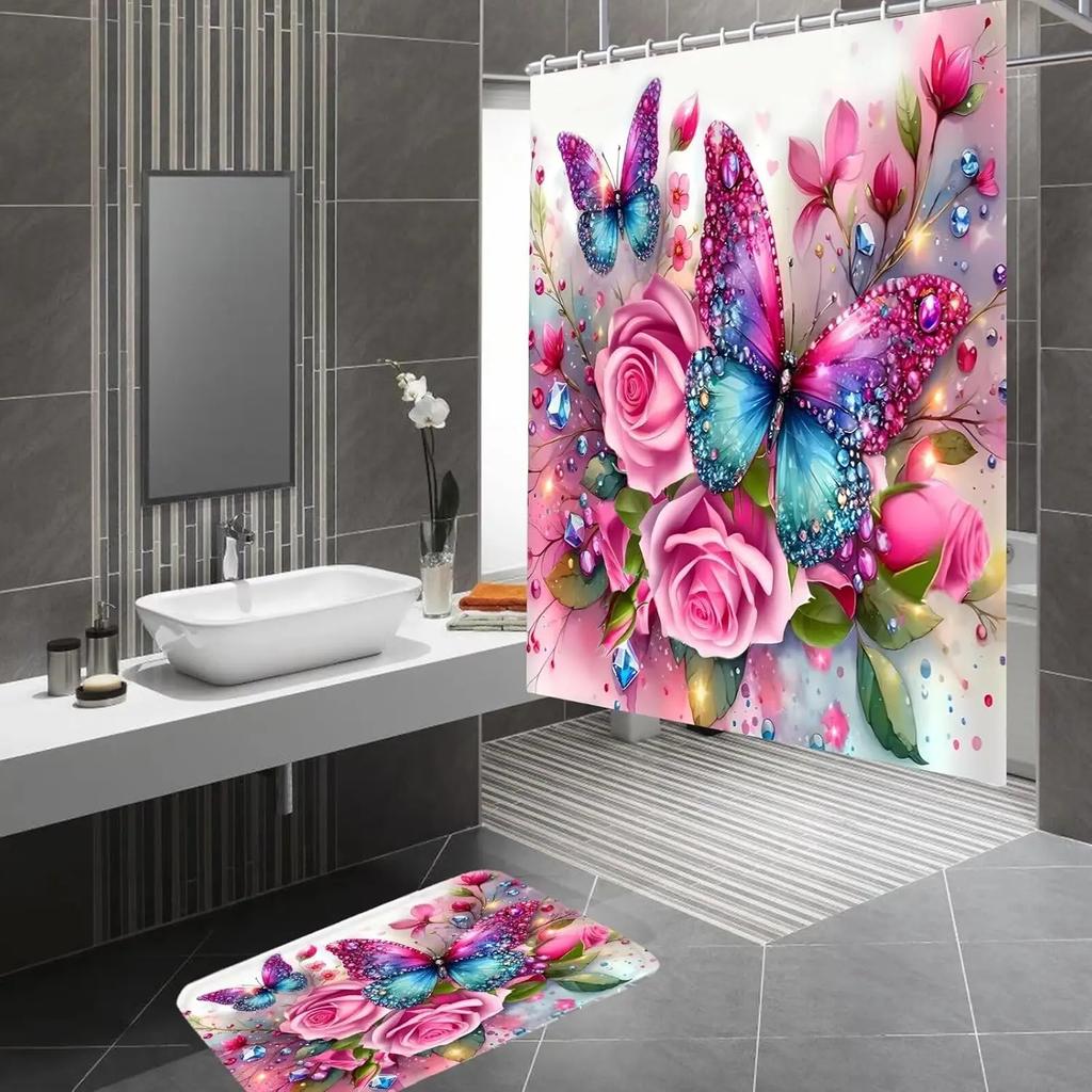 4Pc Pink Glitter Floral Shower Curtain Set Rose Bathroom Sets Butterfly Diamond Shower Curtain with 12 Hooks Bathroom Decor with