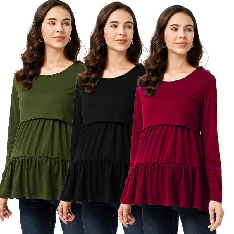 Fashionable Solid Color Round Neck Long Sleeved Pregnant Women's Clothing with Breastfeeding Top