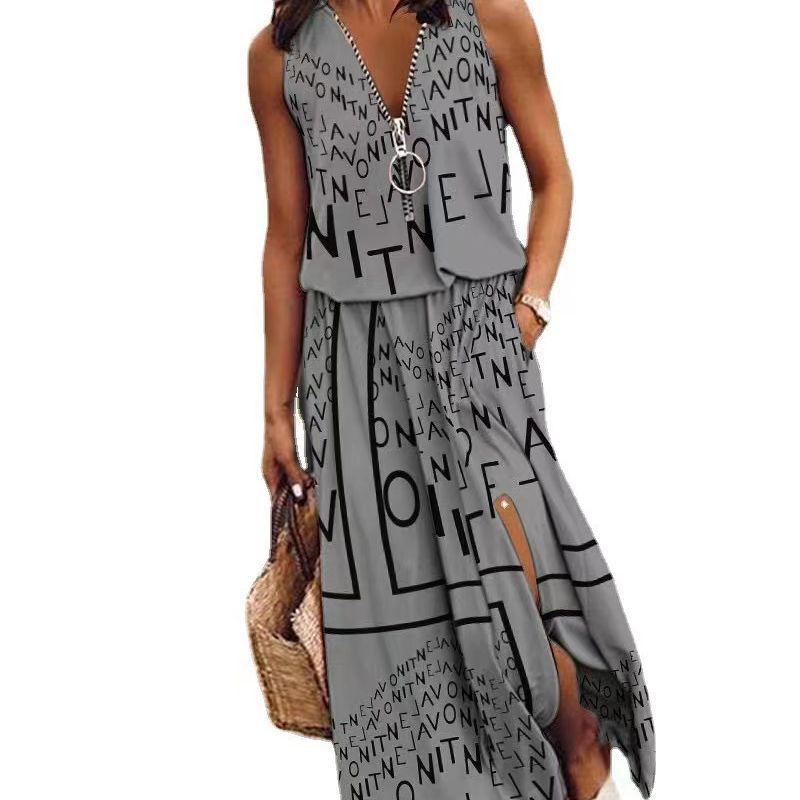 2023 Sleeveless Long Dress: Fashionable Waist-Cinching Zipper Dress for Women