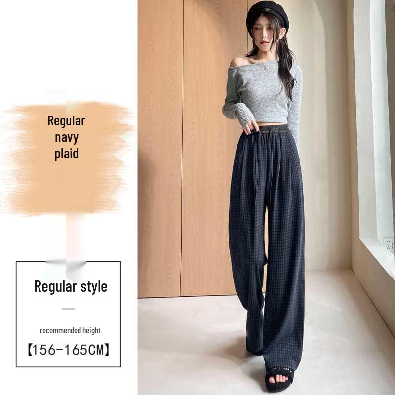 Женские осенние брюки 2025 года в синюю клетку с высокой талией и широкими штанинами на кулиске - Ретро, Стройнящий, Повседневный стиль