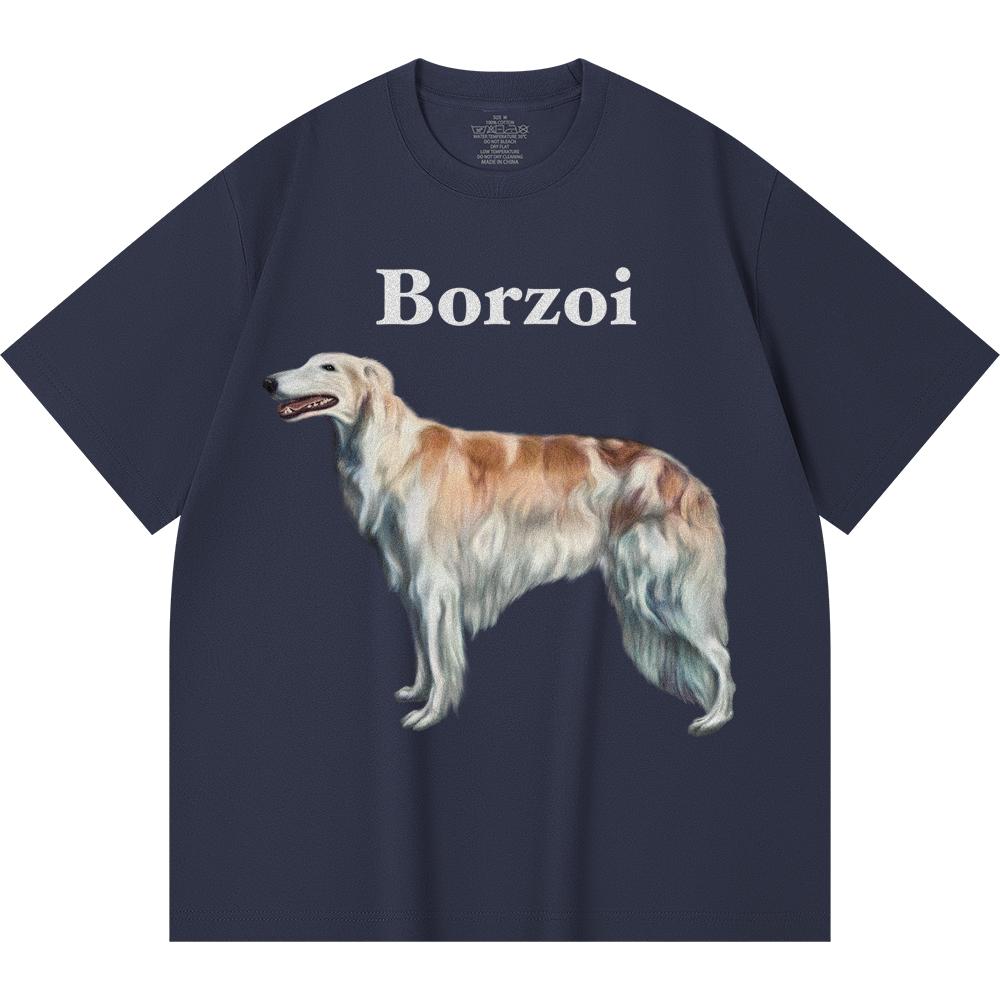 230GSM 100% Cotton T-Shirt Borzoi Print Tees Funny Harajuku Style Combed Cotton Tshirt