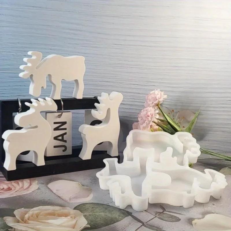Cement Plaster Silicone Mold Cute Elks Candle Mold 3 Elk Deer DIY Handmade Christmas Deer Ornaments Decoration