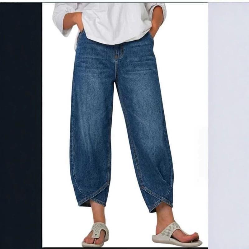 Womens Washed Wide Leg Cropped Denim Jeans Loose Fit Streetwear Casual Pants