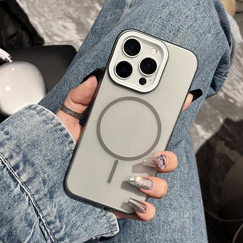 Применимо к iPhone16 ледяной туман полупрозрачный тонкое кольцо магнитный чехол для мобильного телефона Apple 15 матовый ощущение кожи большое отверстие защитный чехол