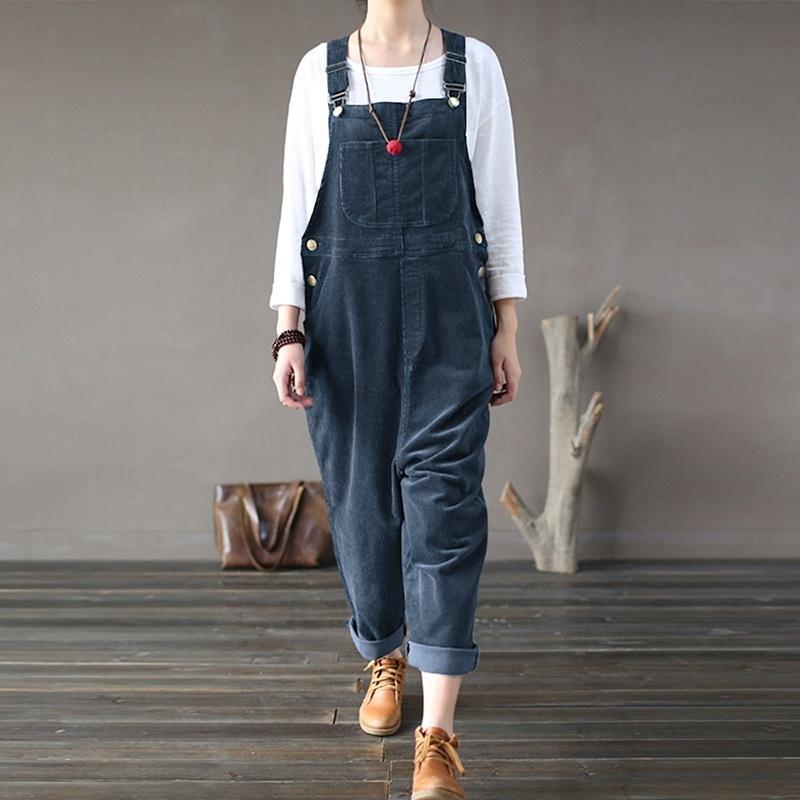 Vintage Women Corduroy Overalls Dungarees Solid Color Bib Pants Sleeveless Loose Jumpsuits Rompers