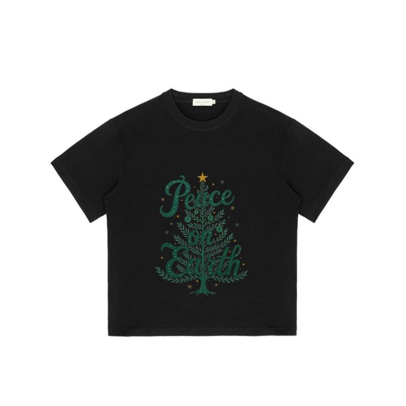 Black T Shirt Peace on Earth Christmas Tree Design Holiday Season Wear