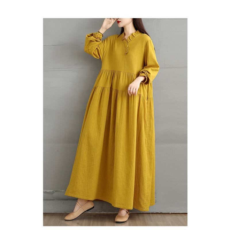 DIMANAF Women Plus Size Autumn Long Dress Loose Vintage Casual Oversize Long Sleeve Maxi Vintage Dress 2025