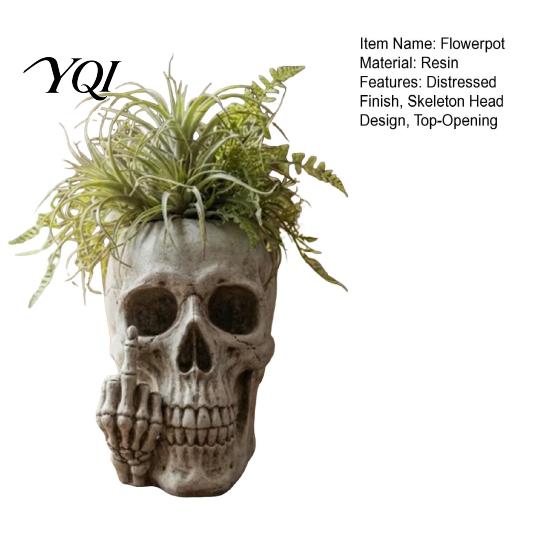 Gothic Home Ornament Skull Planter with Middle?Finger Gesture, Resin Succulent Pot, Skeleton Head Hand Gesture Flower Pot Unique Desktop for Indoor