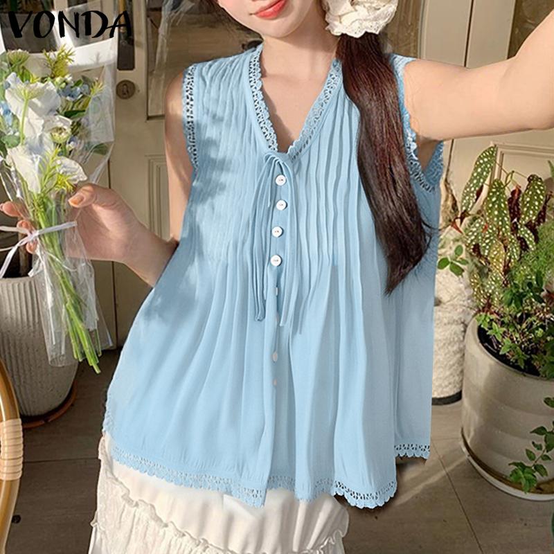 VONDA Women Summer V Neck Sleeveless Buttons Up Lace Crochet Hem Casual Tank Tops