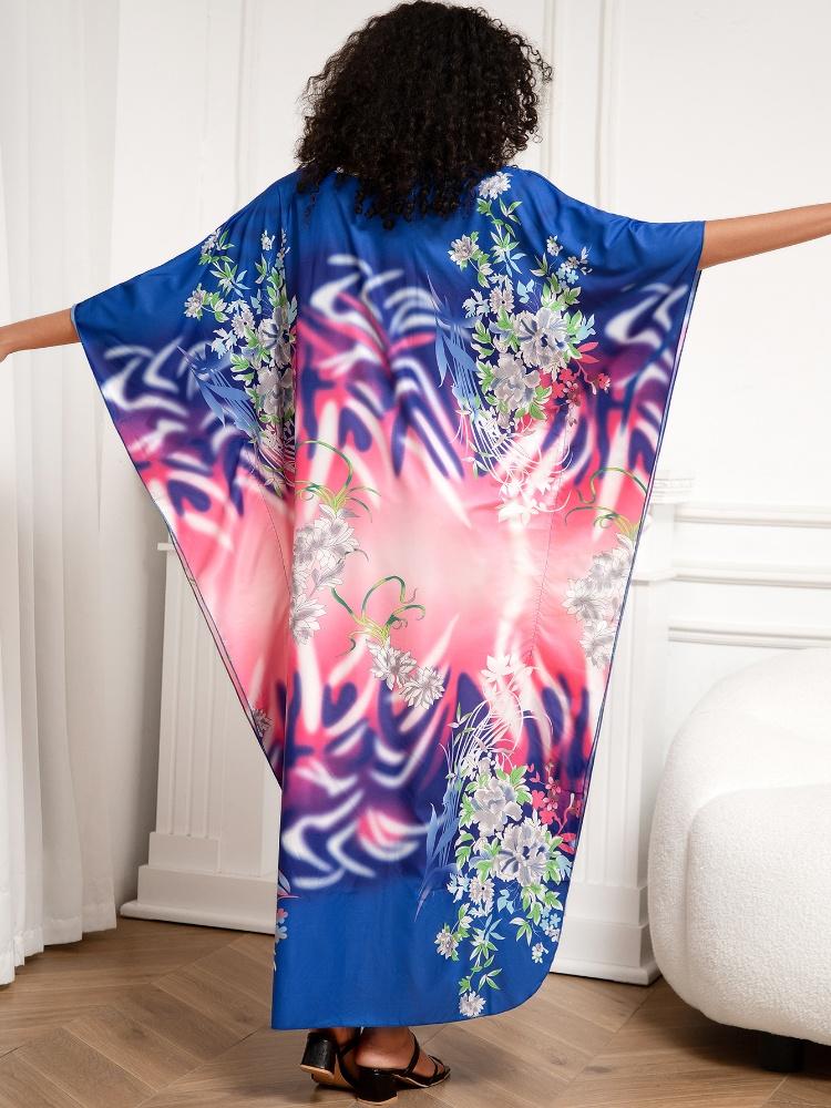 EDOLYNSA Classy Oversized Blue Bohemian Women's Kaftan Robe Holiday Party Dress Light jacket Swimsuit cover-up Lounge wear Q1289