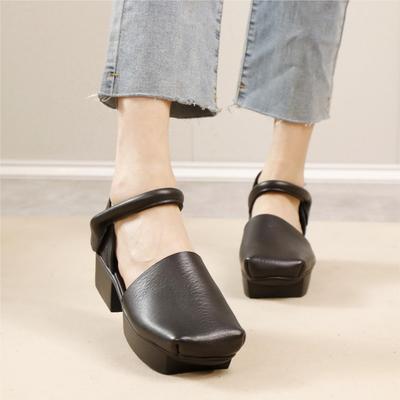 Модные GKTINOO 2025 Лето Новые Винтажные Сандалии на Толстой Подошве с Квадратным Носком Универсальные Женские Туфли на Среднем Каблуке из Натуральной Кожи