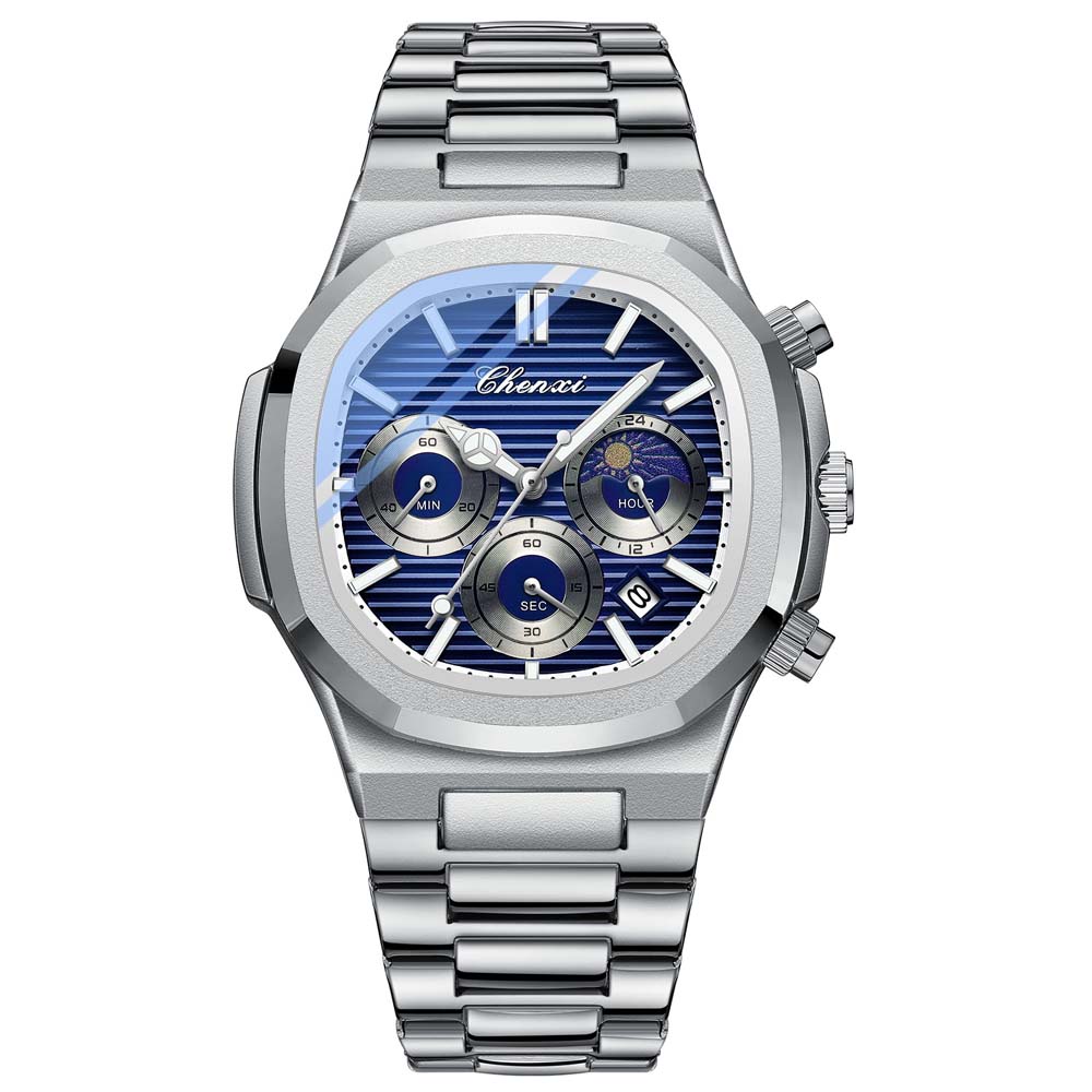 CHENXI Multifunctional Men's Watch True Three Sub-dials Six Hands Calendar Moon Phase Chronograph Octagonal Quartz Watch Reloj