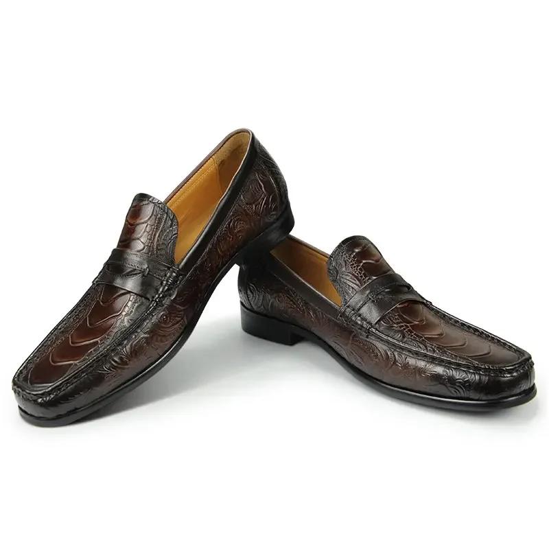 Обувь для мужчин Лоферы Натуральная кожа Винтаж Ручная работа Удобные Модные Печать Стиль вождения Слипоны Размер 46 Кофе Черный