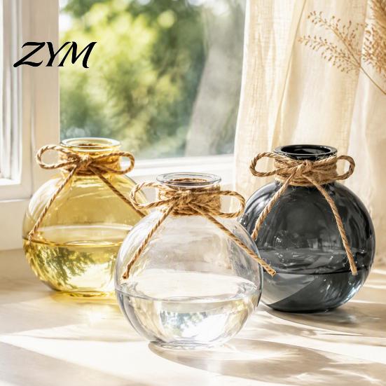 Artistic Home Decor Vase Clear Round Resin Vase, Transparent Sphere Flower Pot with Jute Modern Minimalist Hydroponic Bow, Plastic Planter for Plants,
