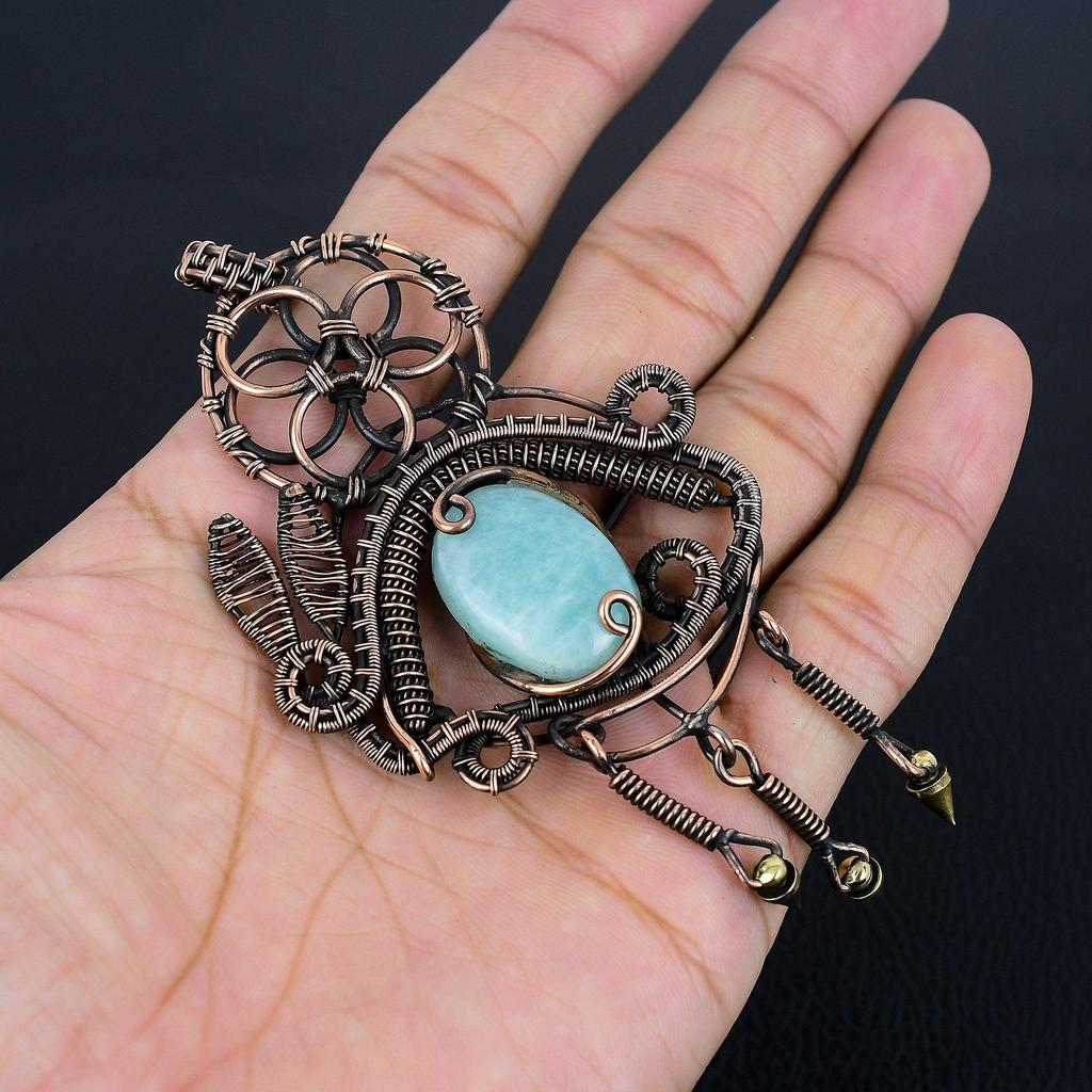 Кулон из амазонита, кулон, обернутый медной проволокой 999 пробы, украшения из драгоценных камней ручной работы, подарки для жены, совершенно новый кулон