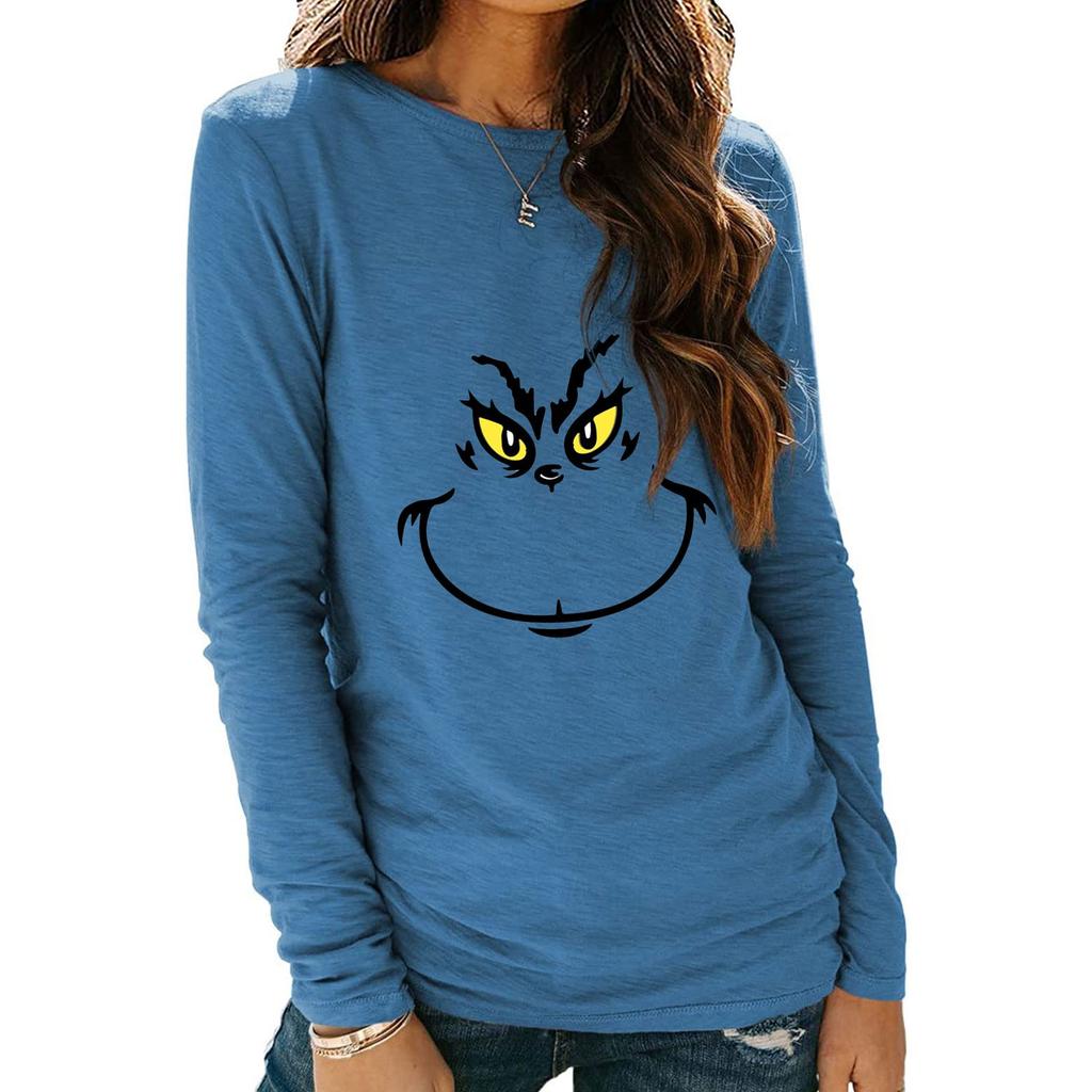 Women's Shirts Christmas Print Long Sleeve Round Neck Basic Loose Pullover Tee Top