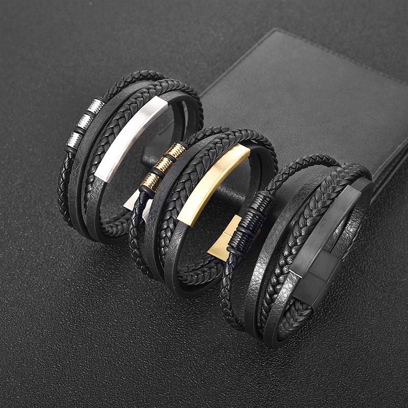 Fashion Stainless Steel Charm Men Bracelet Magnetic Clasp Braided Mutilayer Leather Wrapping Punk Rock Bangles Man Jewelry Gift
