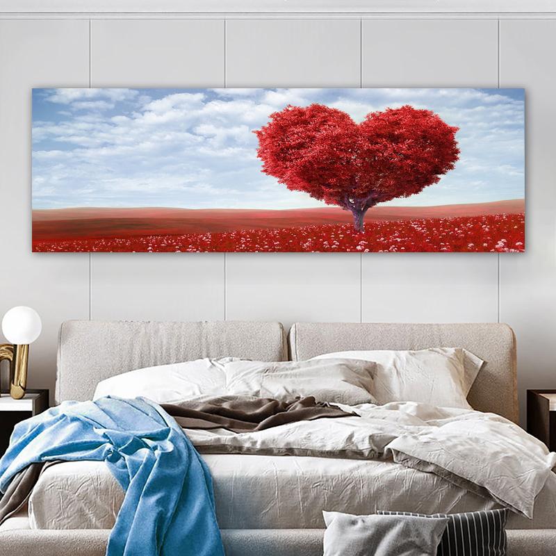 Современная панорамная картина на холсте с изображением цветочного поля на закате в ярких зеленых и красных тонах