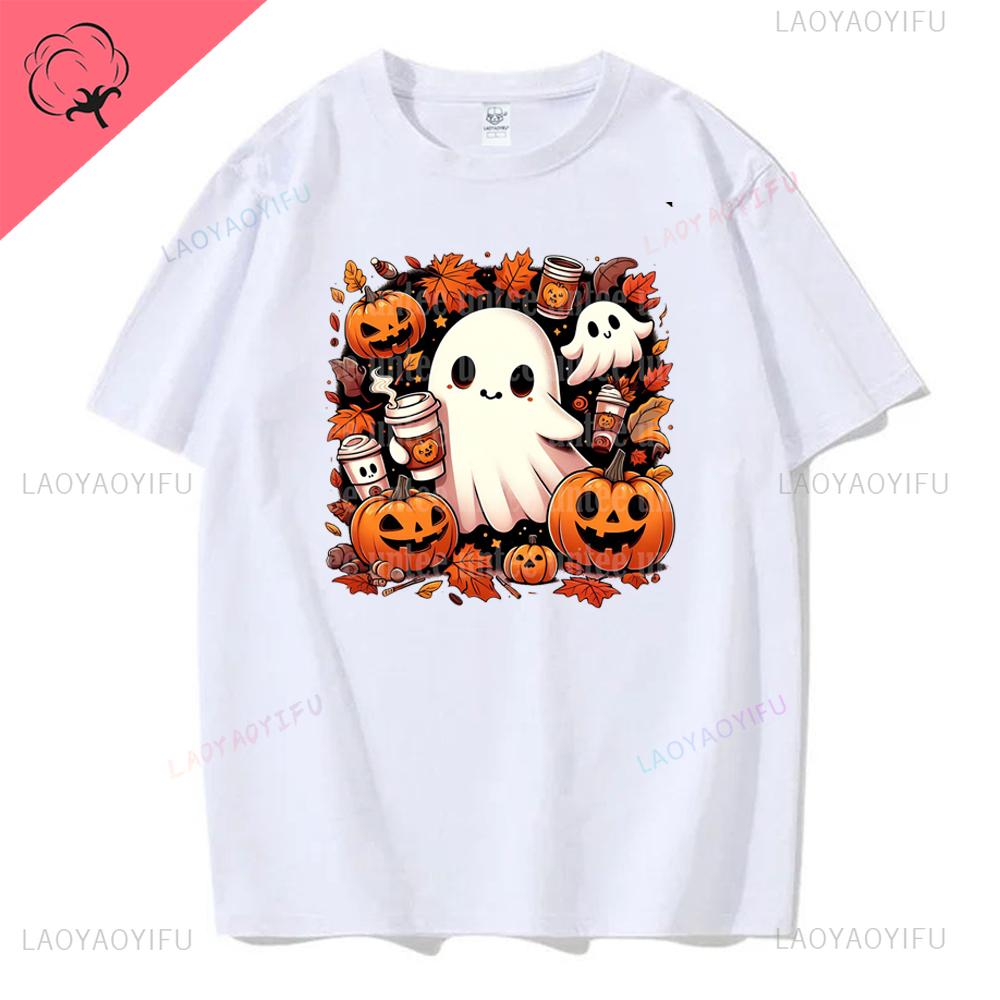 Jack Lanterns Unisex Ghost Pumpkin Bat Skeleton Print Round Neck Pullovers Cotton Shirt Graphic T Shirts Y2k Top Harajuku Tops