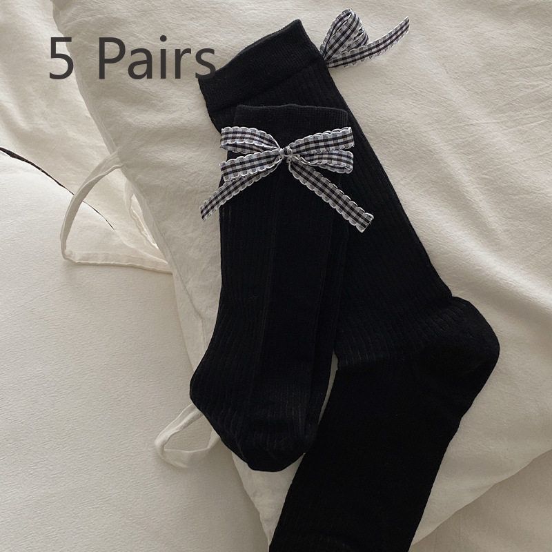 5 Pairs of New Spring and Summer Women's Plaid Bow Mid Calf Stacking Socks