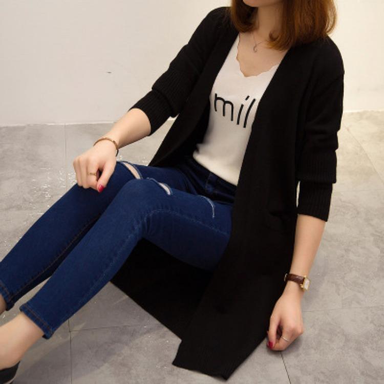 Вязаный кардиган средней длины, женский корейский свободный свитер, ленивый стиль, однотонный свитер с длинными рукавами, куртка для осени и зимы