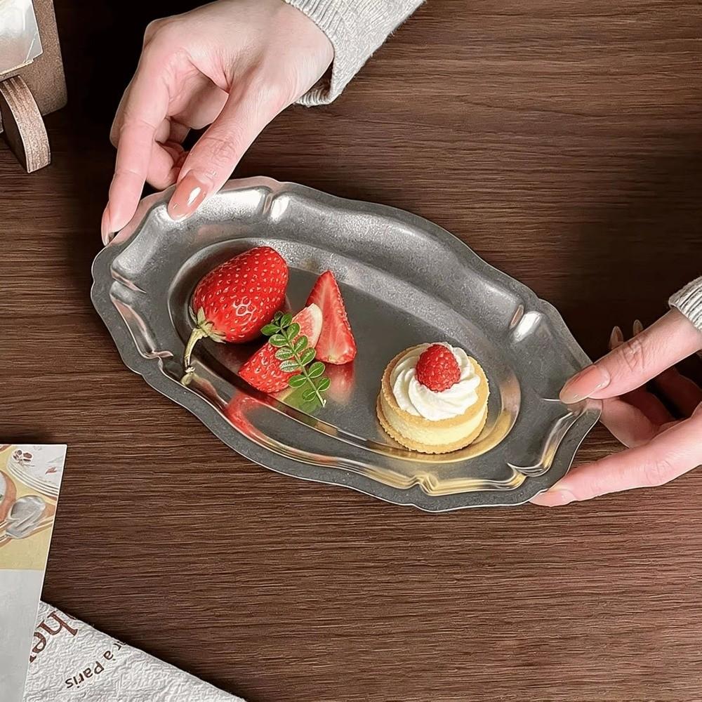 Silver Color Embossed Dessert Plate Wavy Edge Jewelry Storage Organizer Snack Server
