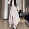 French Irregular Long Skirt Autumn Waist-Cinching Design Sense V-Neck Temperament Solid Color Split Dress Women's