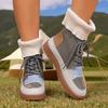 Beige & Blue Plaid Chunky Low Heel Lace-Up Ankle To Mid-Calf Booties - Round Toe Casual Winter with Sole & Fabric Upper