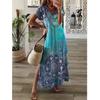 Fashion V Neck Split Loose Beach Dress Retro Pattern Print Women Long Dress Summer Elegant Short Sleeve Maxi Dress
