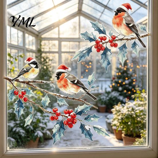 Holiday Party Window Accents Christmas Watercolor Bird Sticker, Santa Hat on Beey Winter Glass Decals Branch Static Decal, Waterproof Cling for