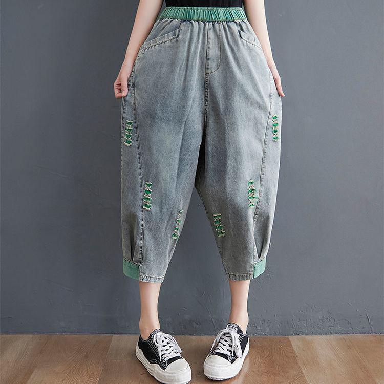 WTEMPO Женские джинсы с эластичной резинкой на талии и рваными отверстиями, свободные джинсы больших размеров, тонкие укороченные брюки