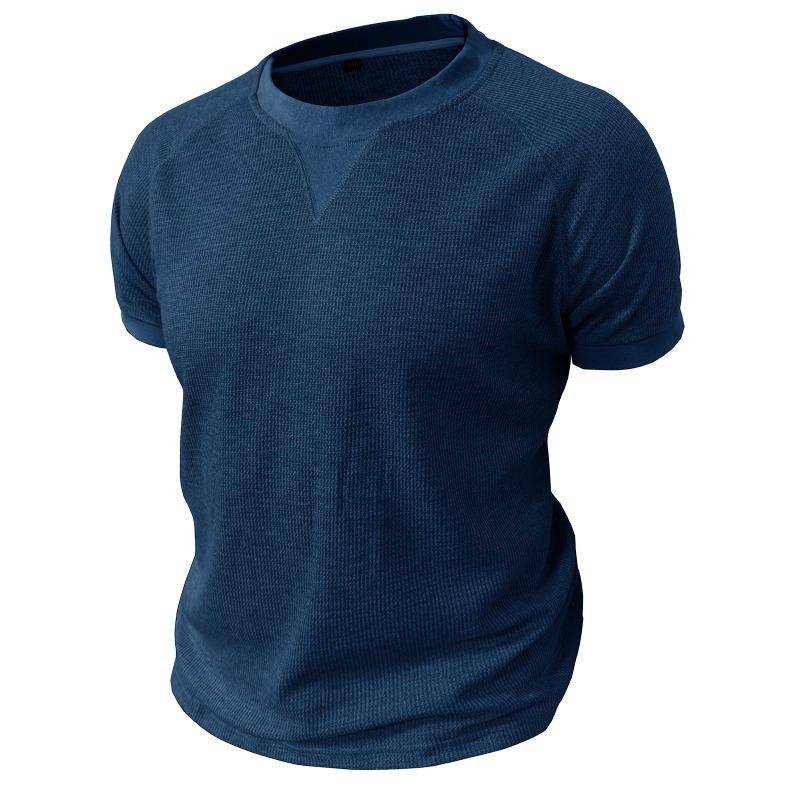 Men White Waffle Knit Crew Neck Short Sleeve T-Shirt Casual Solid Top
