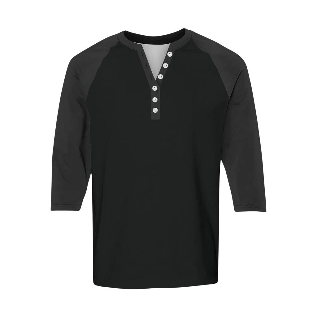 Men's Button-Down Contrast Raglan 3/4 Sleeve Top