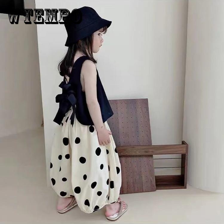 Детский костюм, летняя одежда, тонкий жилет с бабочкой и росой на спине для девочек, повседневные брюки без рукавов, брюки-фонарики, широкие брюки, корейский комплект из двух предметов