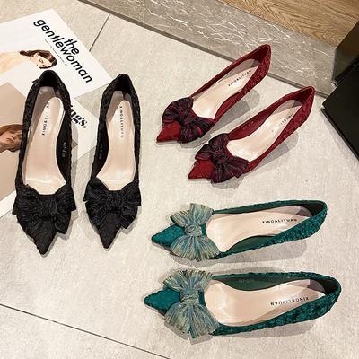 Женские туфли на высоком каблуке, весенние новые туфли-лодочки с мелким вырезом, на тонком каблуке, с острым носком и бантом.